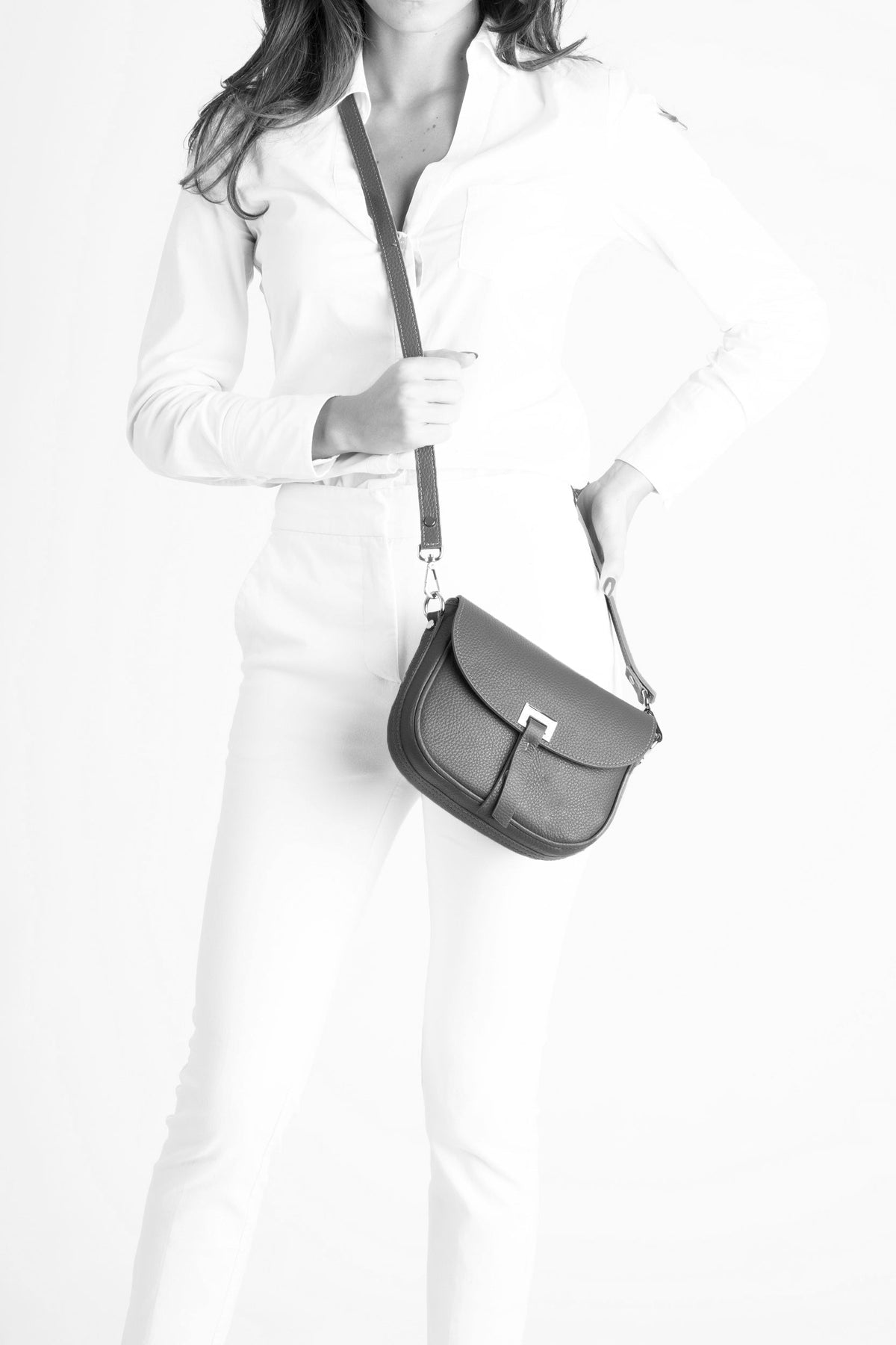 Sac épaule La Bergame - cuir dollaro, Made in Italy - Bleu ciel