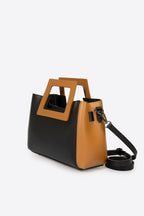 Sac à main La Turinoise - cuir lisse, Made in Italy - Noir / Cognac