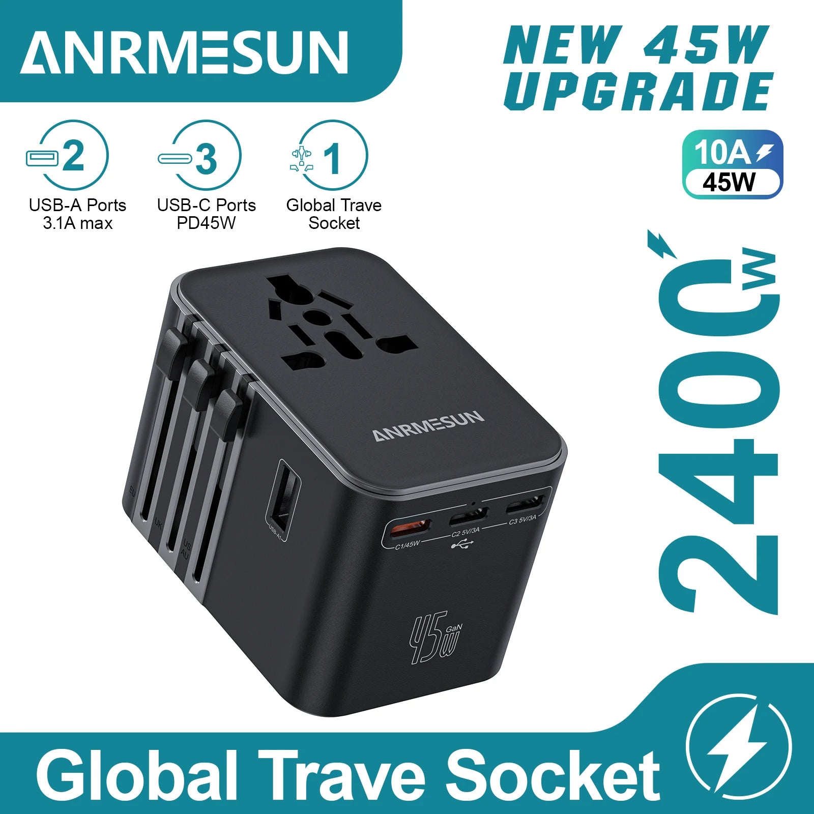 Adaptateur de voyage universel GaN 65W - 2 USB et 2 USB-C