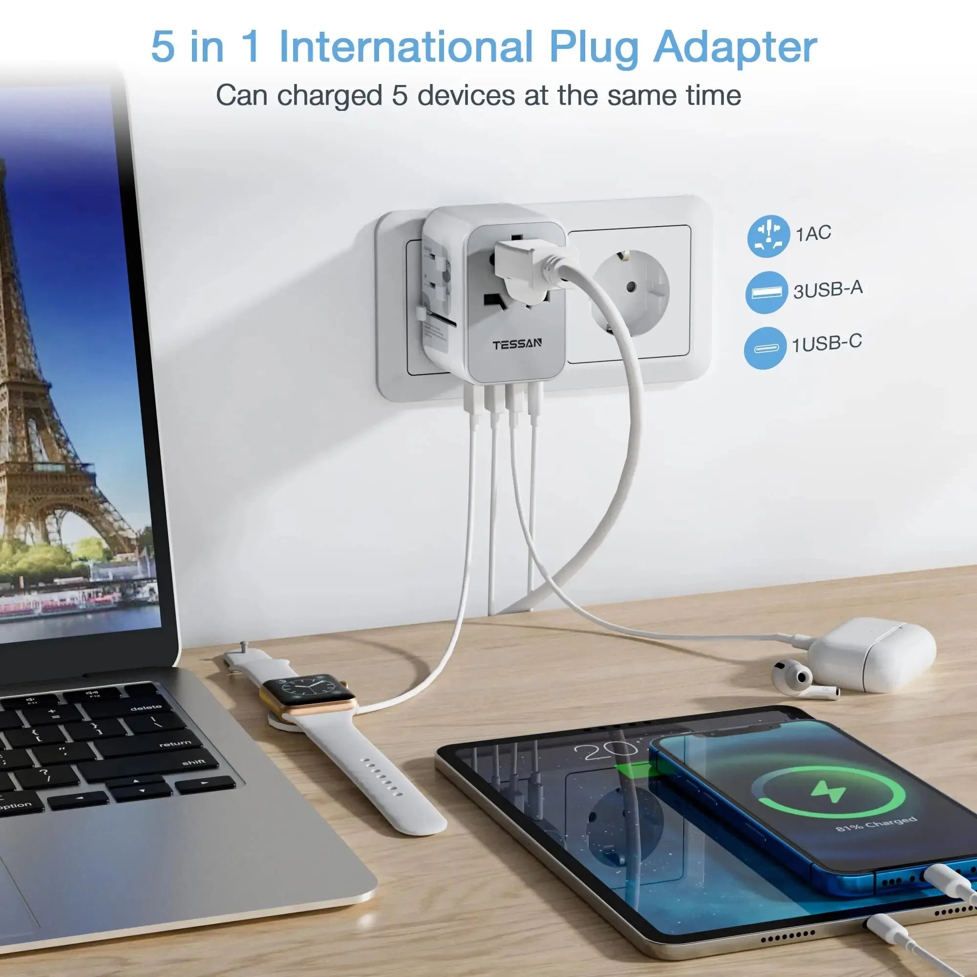 Adaptateur de voyage universel TESSAN - USB et USB-C