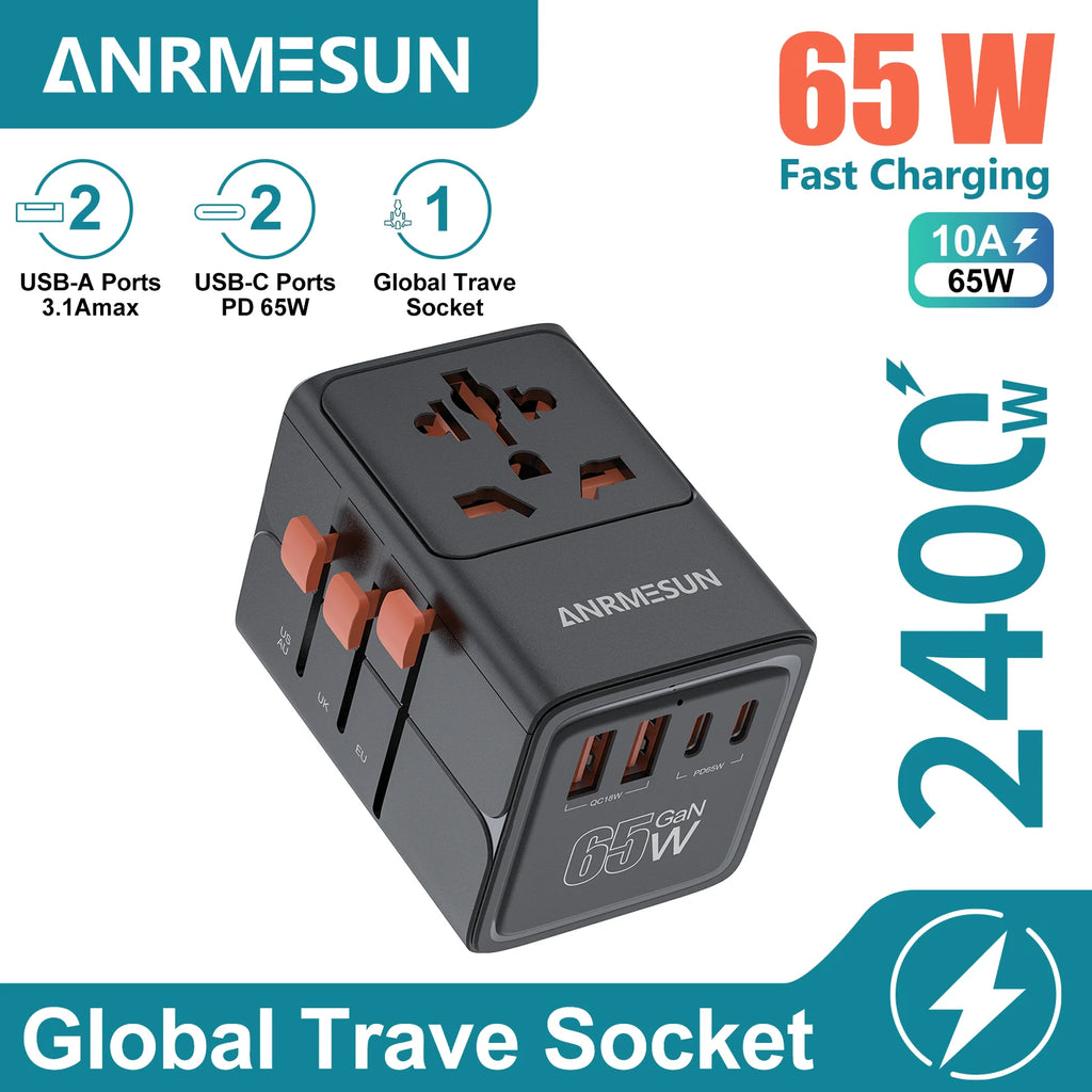 Adaptateur de voyage universel GaN 65W - 2 USB et 2 USB-C