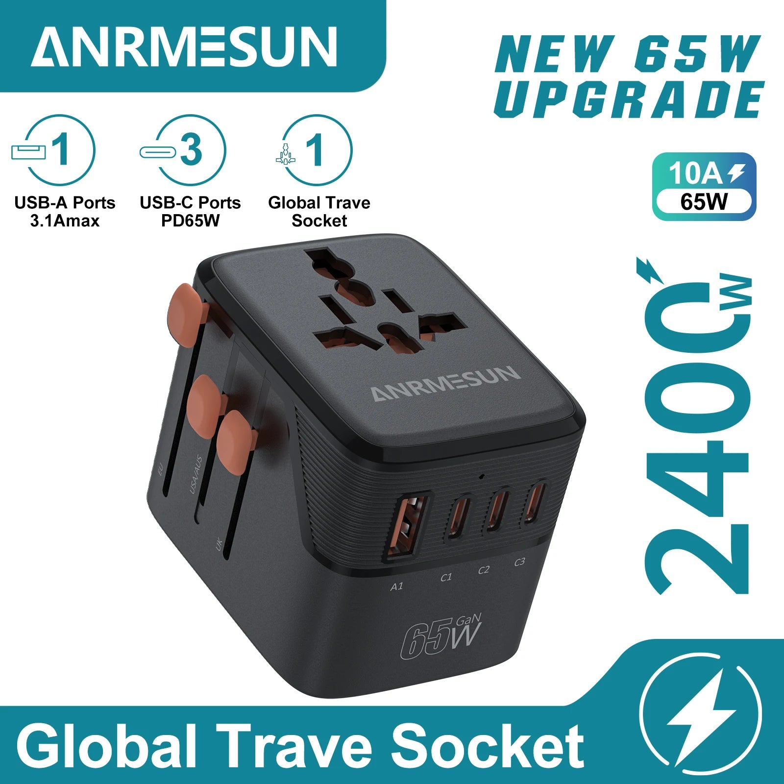 Adaptateur de voyage universel GaN 65W - 2 USB et 2 USB-C
