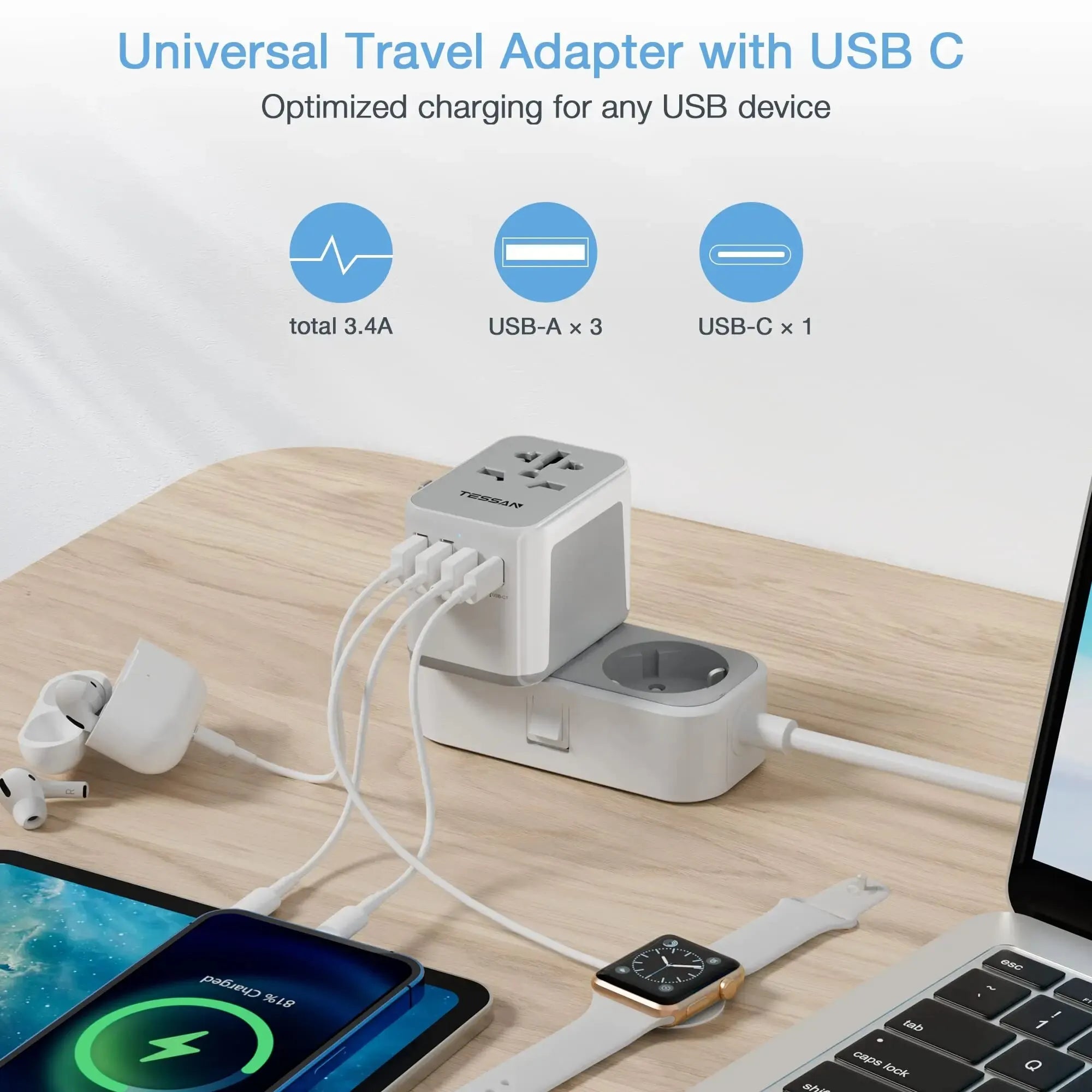 Adaptateur de voyage universel TESSAN - USB et USB-C
