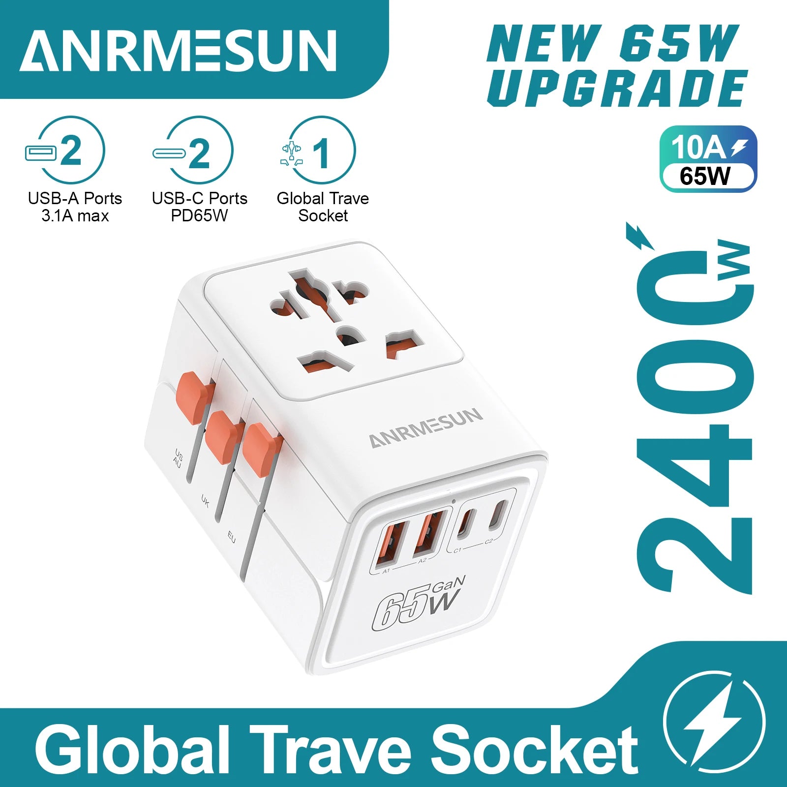 Adaptateur de voyage universel GaN 65W - 2 USB et 2 USB-C
