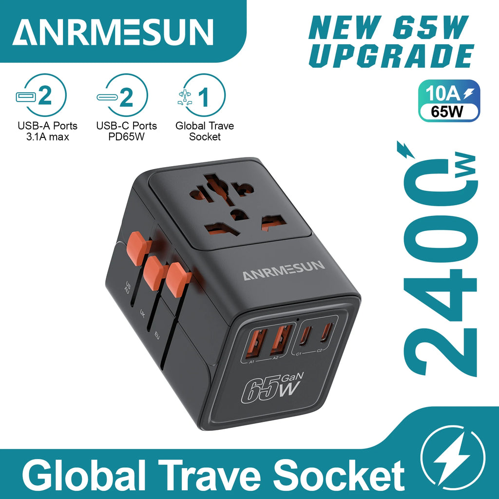 Adaptateur de voyage universel GaN 65W - 2 USB et 2 USB-C