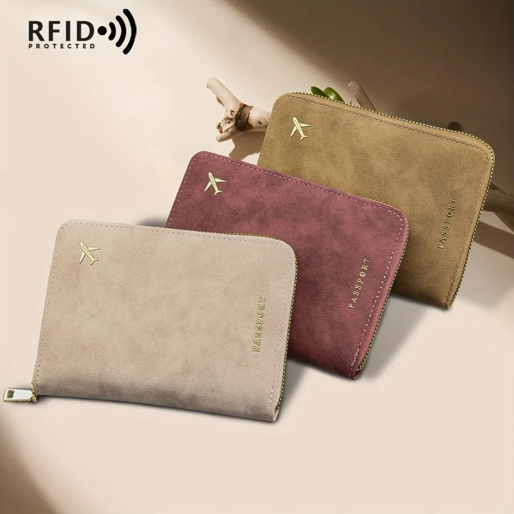 Portefeuille passeport RFID a fermeture eclair - PU epais