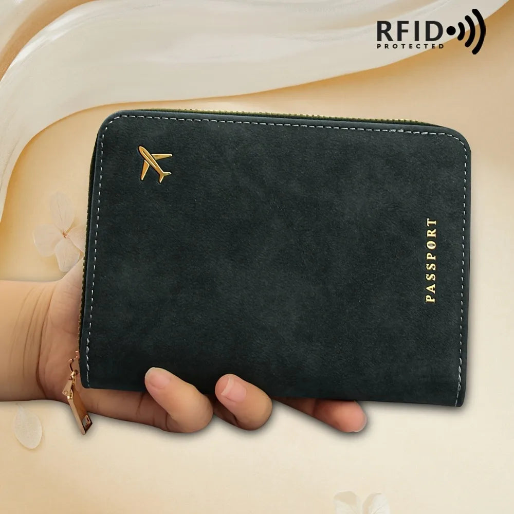 Portefeuille passeport RFID a fermeture eclair - PU epais