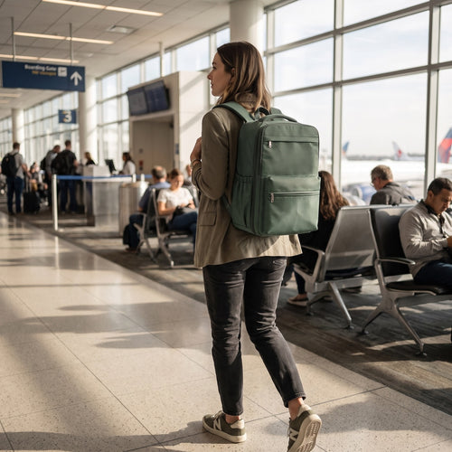 Mise en situation : sac à dos cabine L'Ingénieux vert porté à la porte d'embarquement
