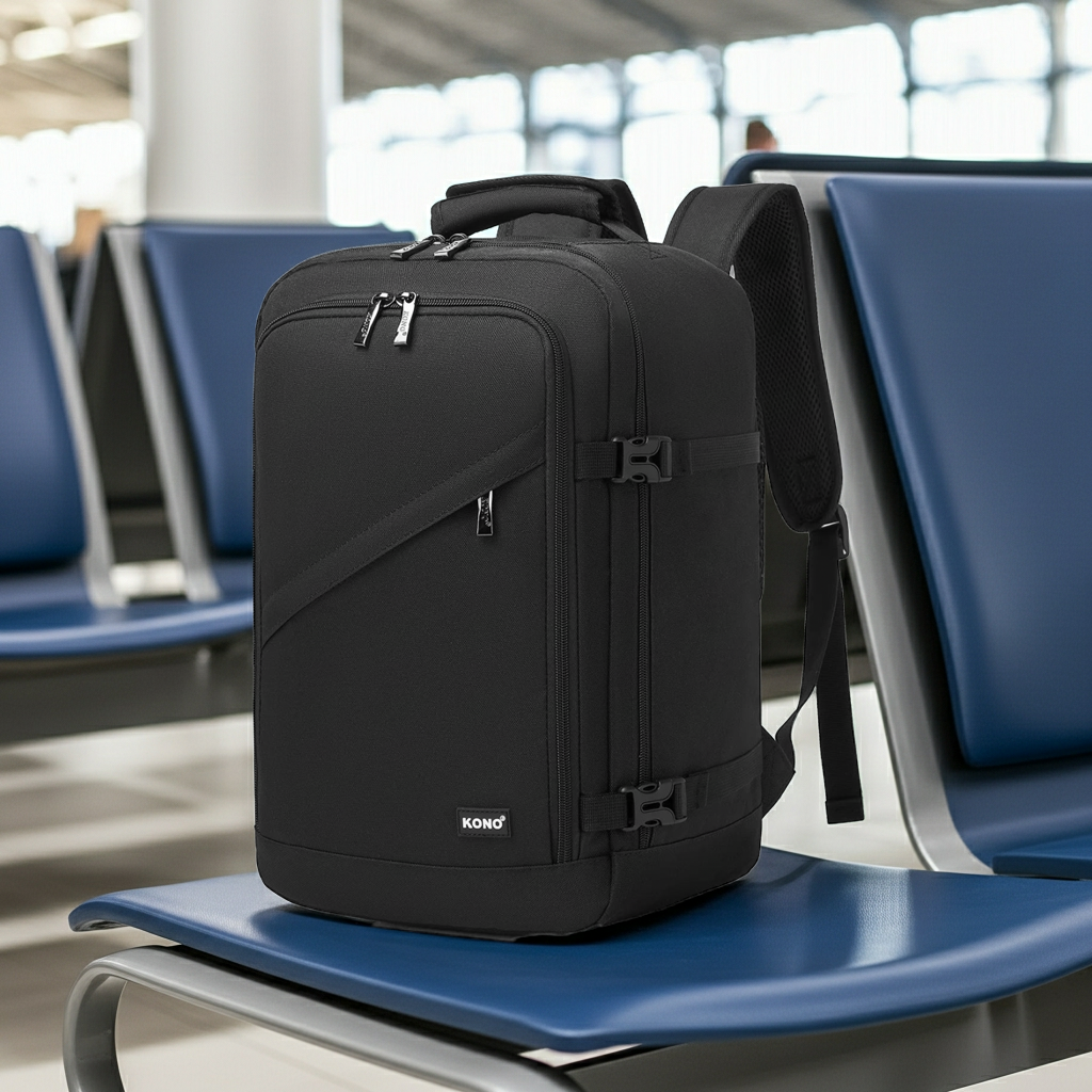 Sac à dos cabine noir posé sur un banc d aéroport, prêt à embarquer