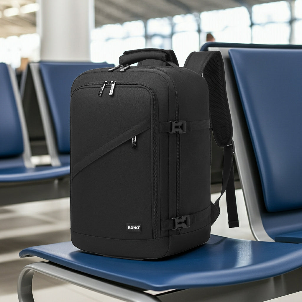 Sac à dos cabine noir posé sur un banc d aéroport, prêt à embarquer