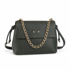 Sac bandouliere cuir vert La Venete, rabat et chaine doree