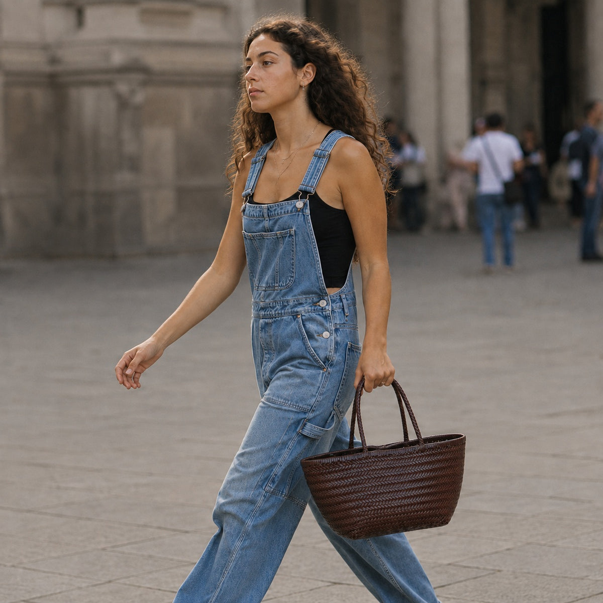 Cabas cuir tresse brun porte a la main en traversant une place